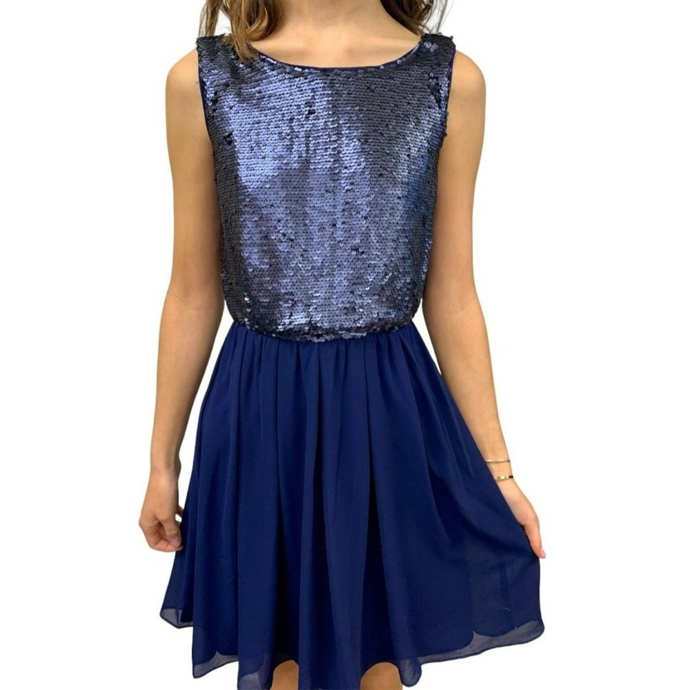Alythea Sequin Open Back Midnight Sky Mini Dress Blue Size Medium NWT